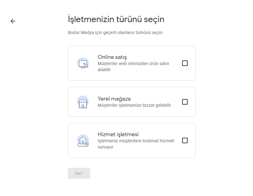 İşletme türü seçmek
