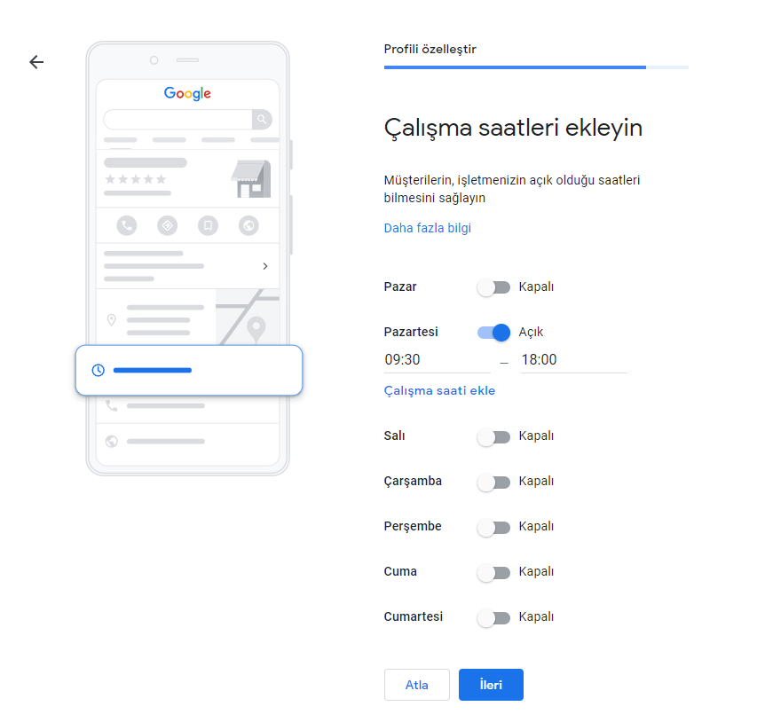Google Benim İşletmem Çalışma saatleri ekleme
